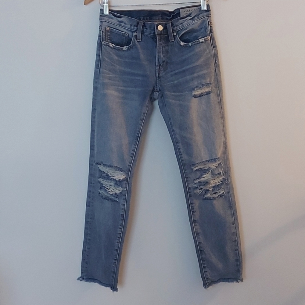 All Saints Muse Destroyed Jeans, Medium Wash, Frayed Hem Size 25 - Picture 3 of 10